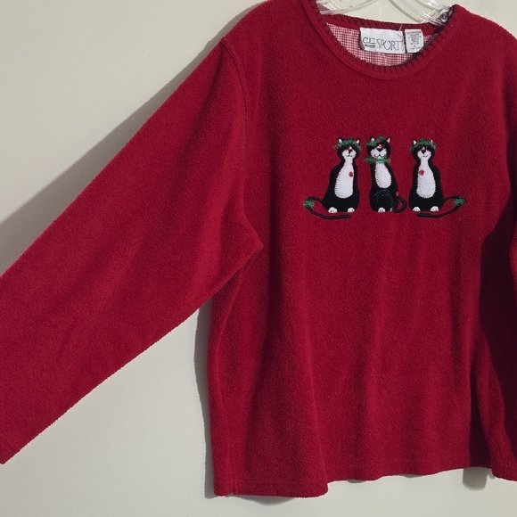 Vtg C.D. Sport Fleece Embroidered Christmas Cat With Mouse Sweatshirt Woman Sz L - Picture 10 of 13